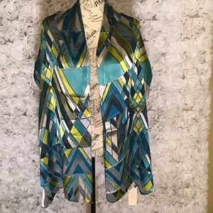 Coldwater Creek Geometric Pattern Blue and Green Sheer Scarf 68% Rayon 32% Silk